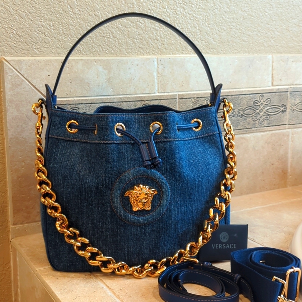 Versace Bag La Medusa Denim & Leather Bucket Hobo Bag